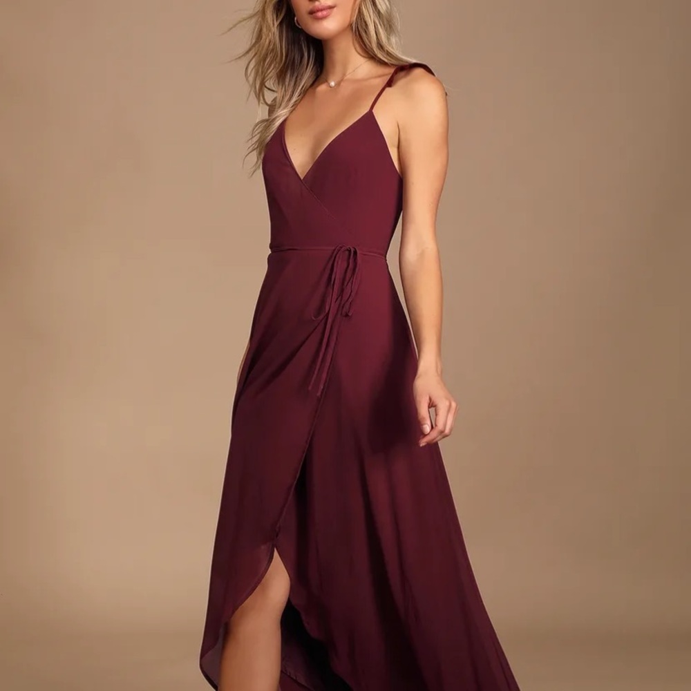 Burgundy high lo wrap dress